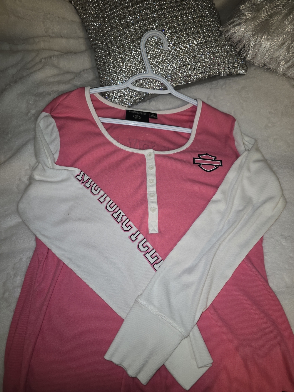 Harley-Davidson Girls' Pink and White Long Sleeve Henley Top